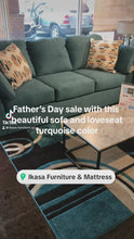 Load and play video in Gallery viewer, TURQUOISE SOFA AND LOVESEAT FLOOR SAMPLE SALE