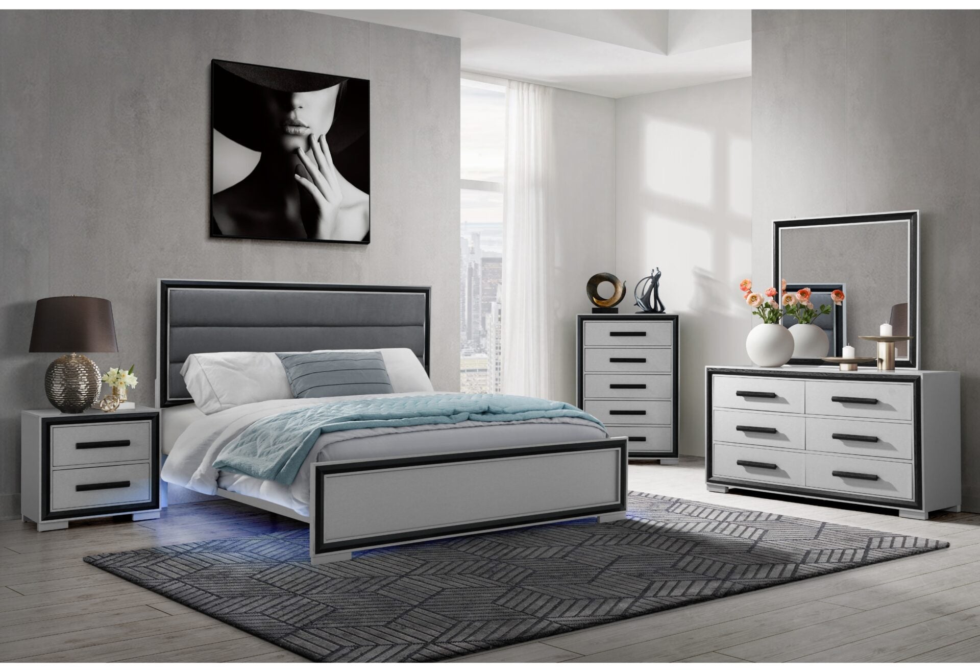 Amelia Grey Black King Bed Group W/LED