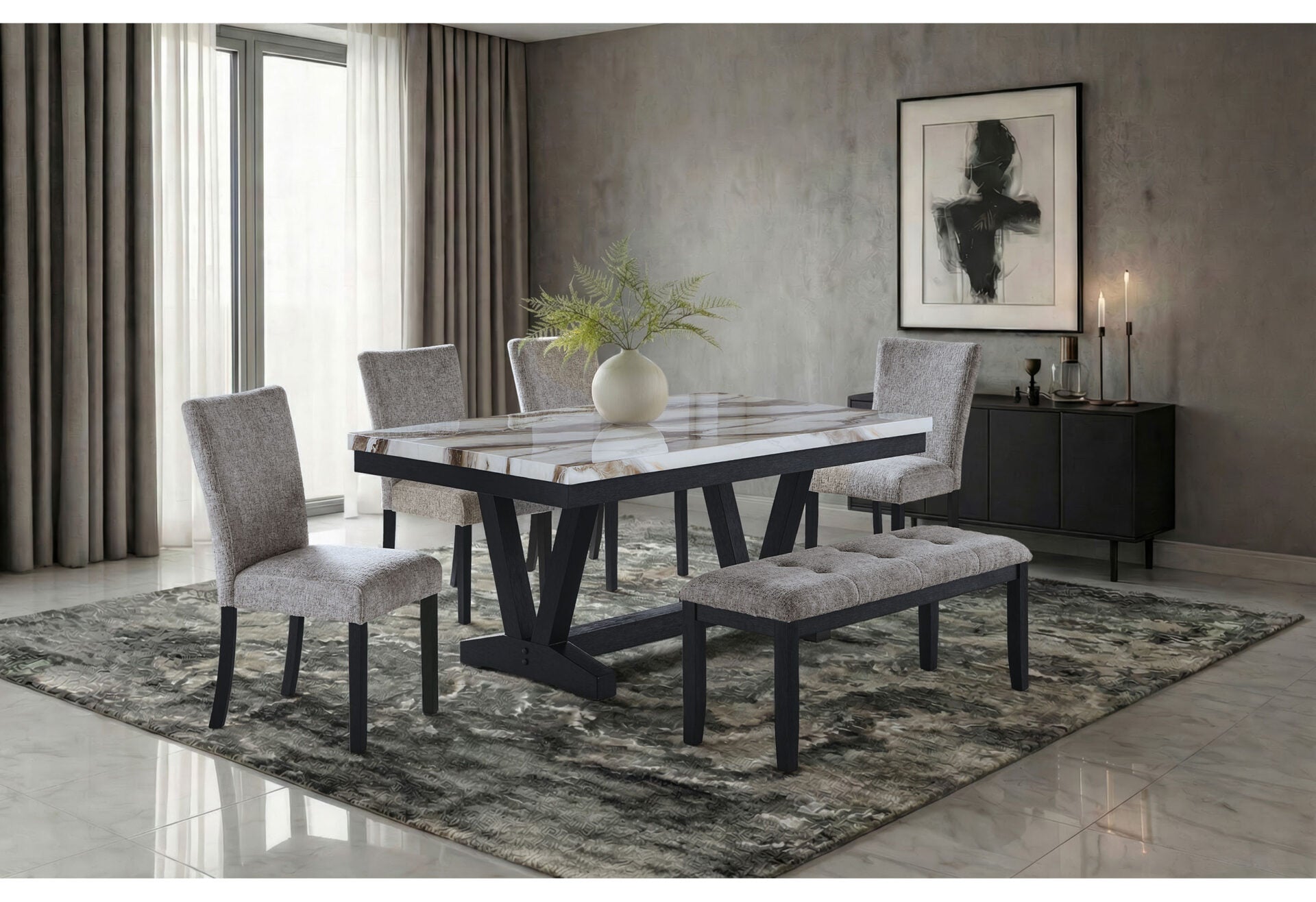 D1319 Blk/Wht Dining Table, 4 D1319 Lt Grey Dc & D1319 Lt Grey Bn