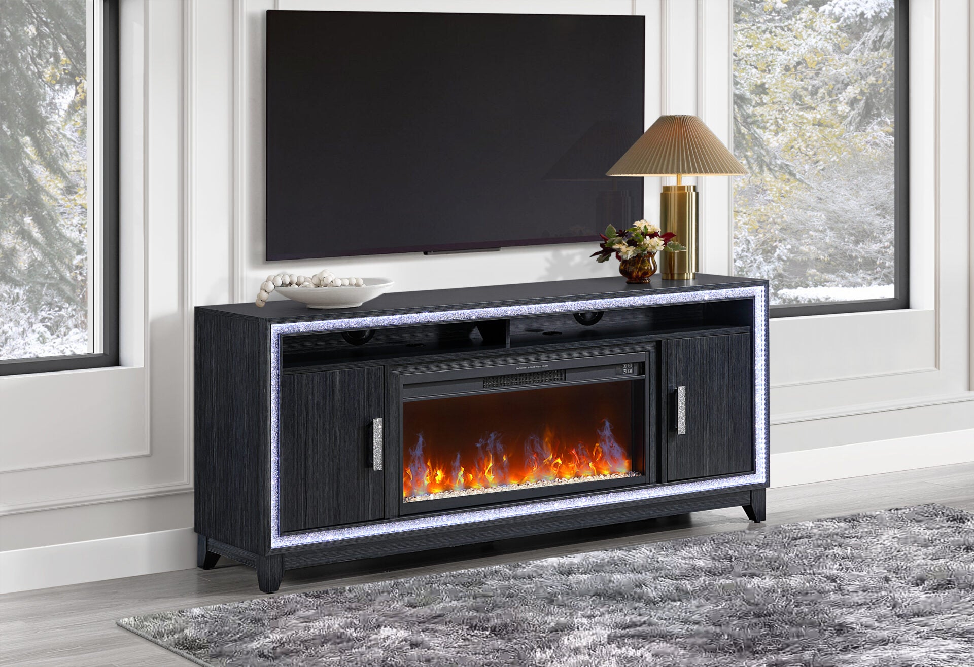 Lily Dark Grey Ent Unit 72 Inch W/ LED, Speakers, Crystal Inserts