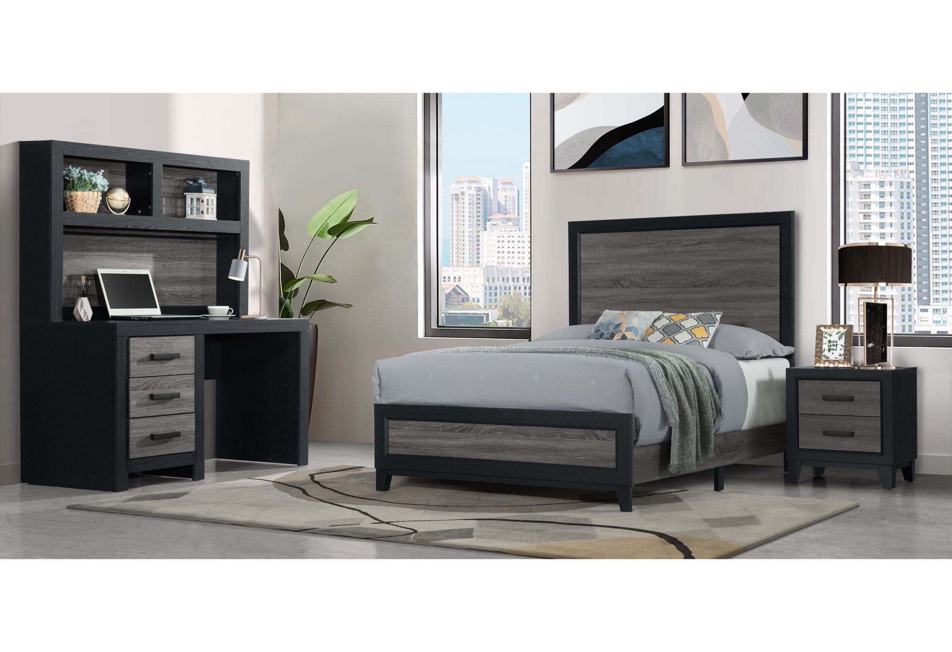 Lisbon Grey/Black Twin Bed, Dresser, Mirror And Nightstand