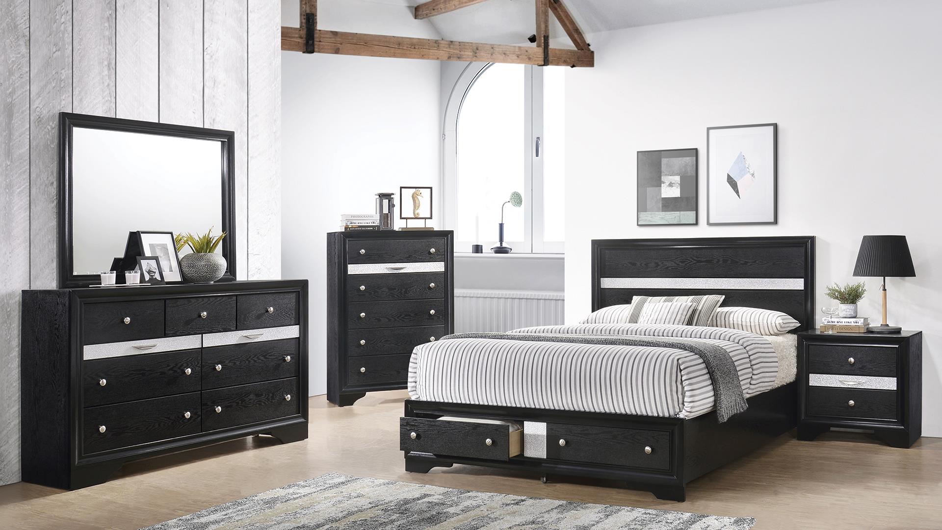 Matrix Elegant Black Bedroom Set with Silver Accents 5PCS