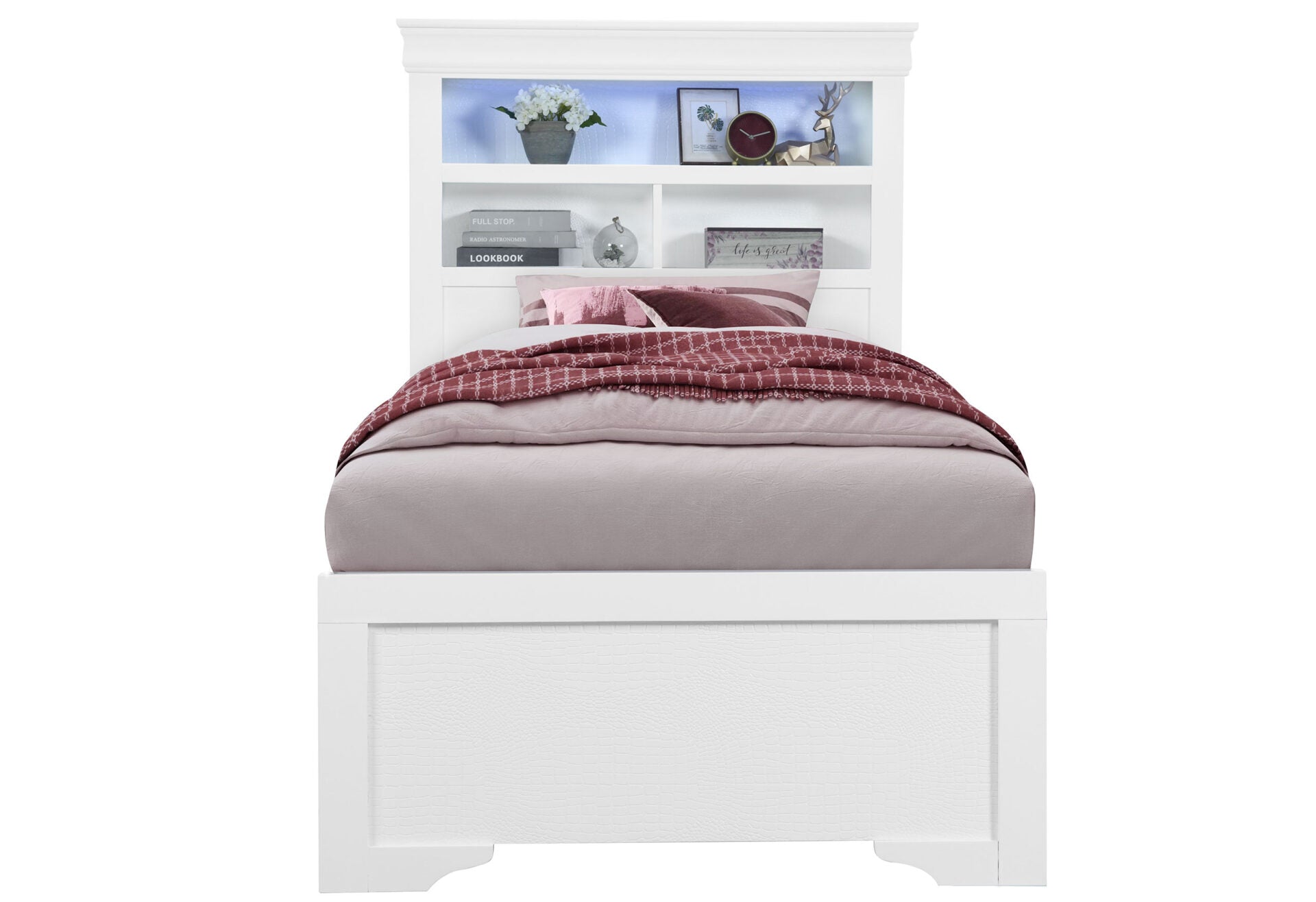 Pompei Metallic White Bookcase Twin Bed With LED