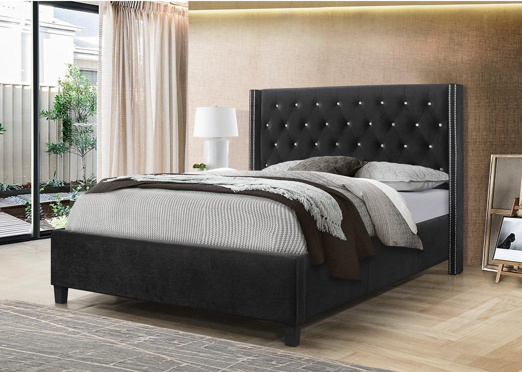 BLACK QUEEN BED WITH PL DIAMOND TUFTING