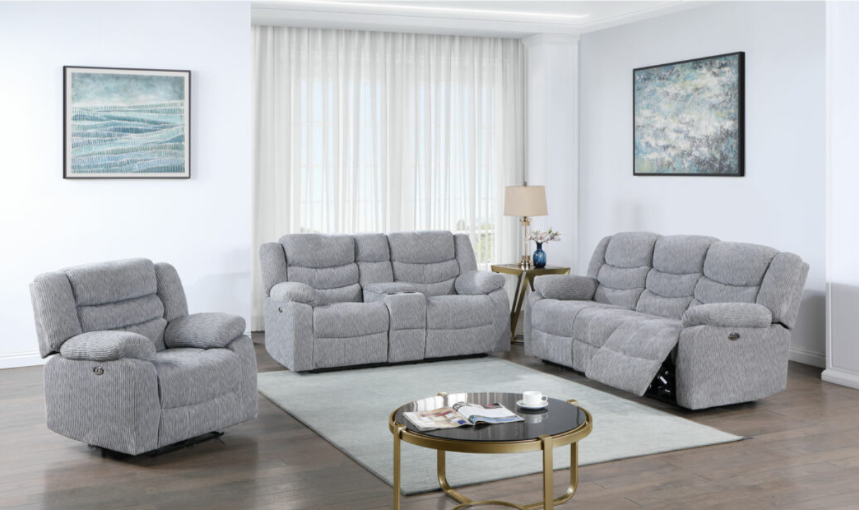 GREY POWER RECLINING SOFA/POWER CONSOLE RECLINING LOVESEAT