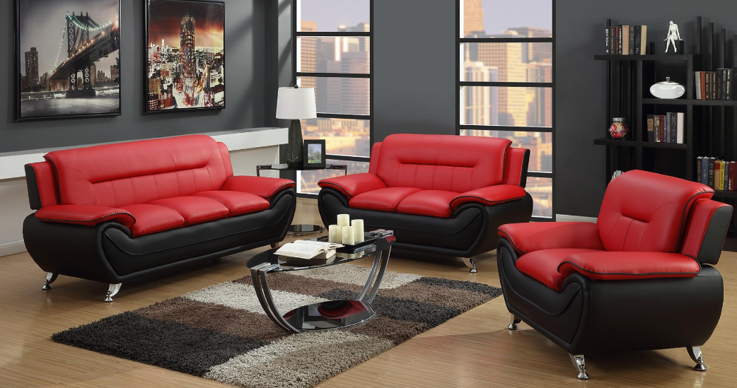 Red and black Contemporary Faux Leather Sofa and Loveseat set