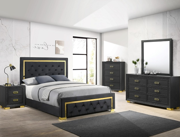 BLACK AND GOLD QUEEN BEDROOM SET (FLOOR SAMPLE SALE)