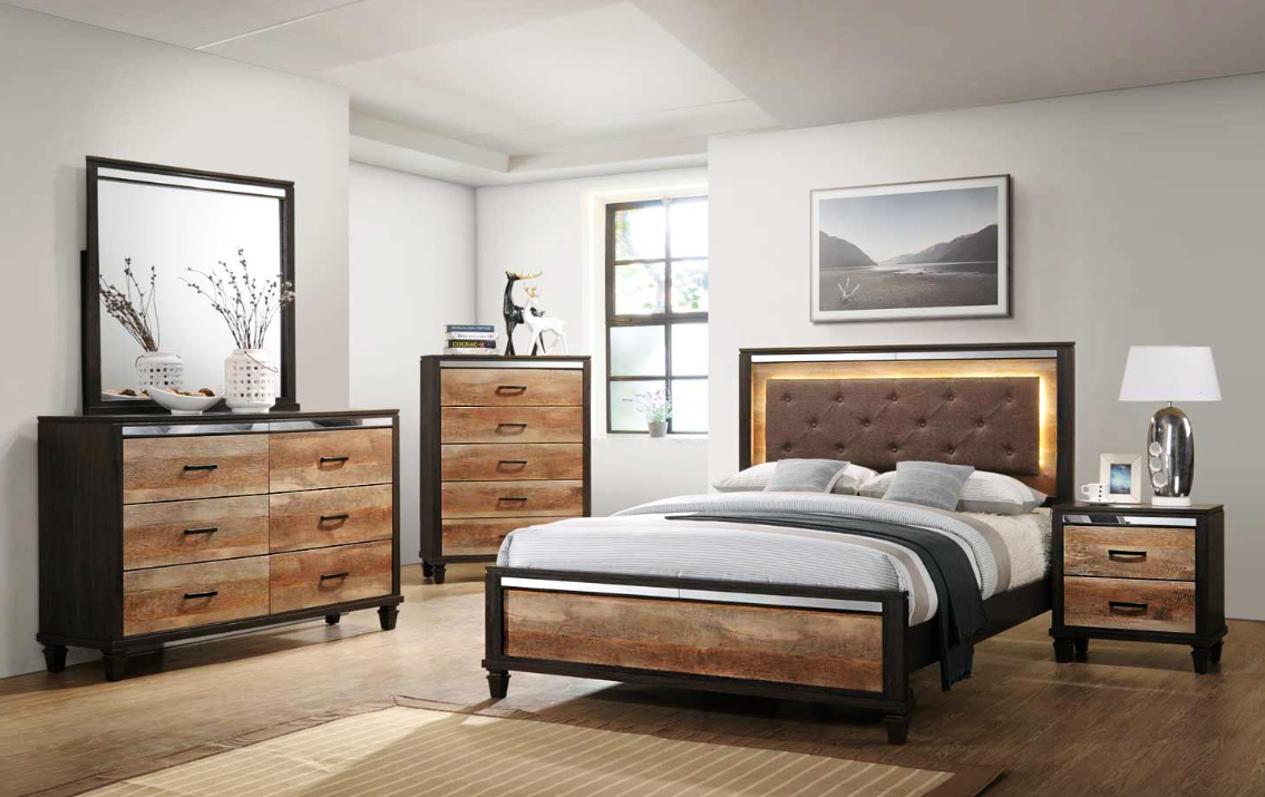 RUSTIC OAK COLOR QUEEN BEDROOM SET 5PC