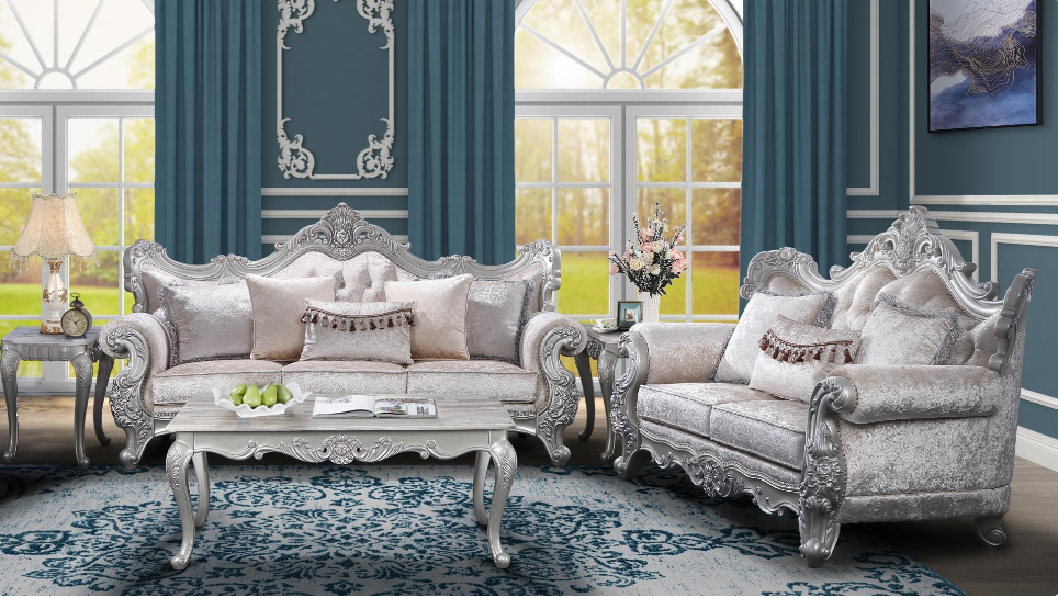 Champagne Silver Brush Finish Sofa &amp; Loveseat Set