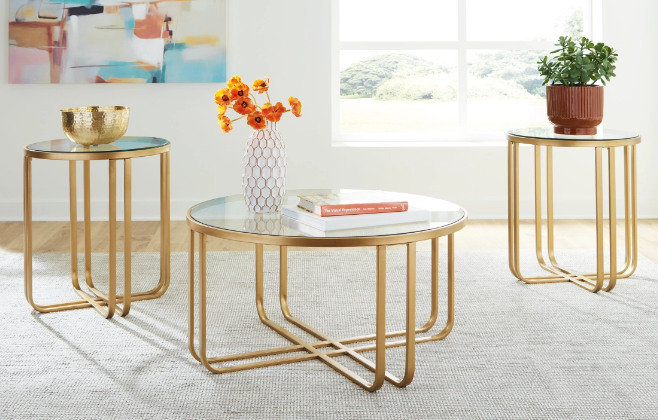 GLASS TOP GOLDEN LEGS MITON STYLE 3 PC COFFEE TABLE SET