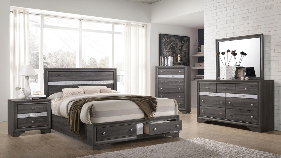 Elegant Gray Bedroom Set with Silver Accents 5PCS