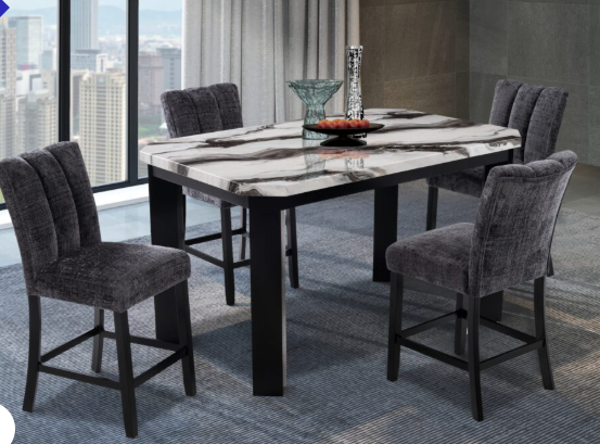 Modern 5-Piece Bar Dining Set – Faux Marble Tabletop with Dark Grey Upholstered Stools