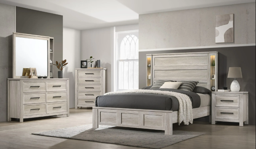 Modern Gray Wash Bedroom Set with LED Headboard