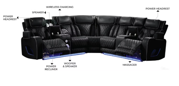 Forturner Black Ultimate Home Theater Power Reclining Sectional Sofa