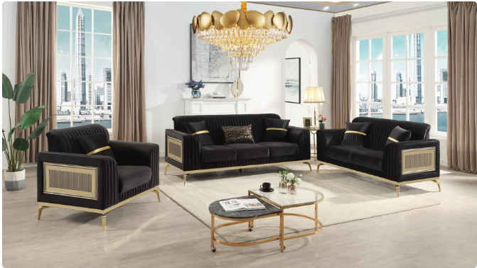 ANTIGUA SOFA AND LOVESEAT BLACK AND GOLD