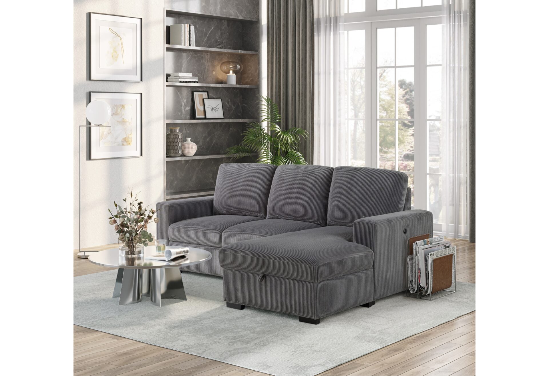 U2660 Grey L Sofa Bed Sectional Without Pullout