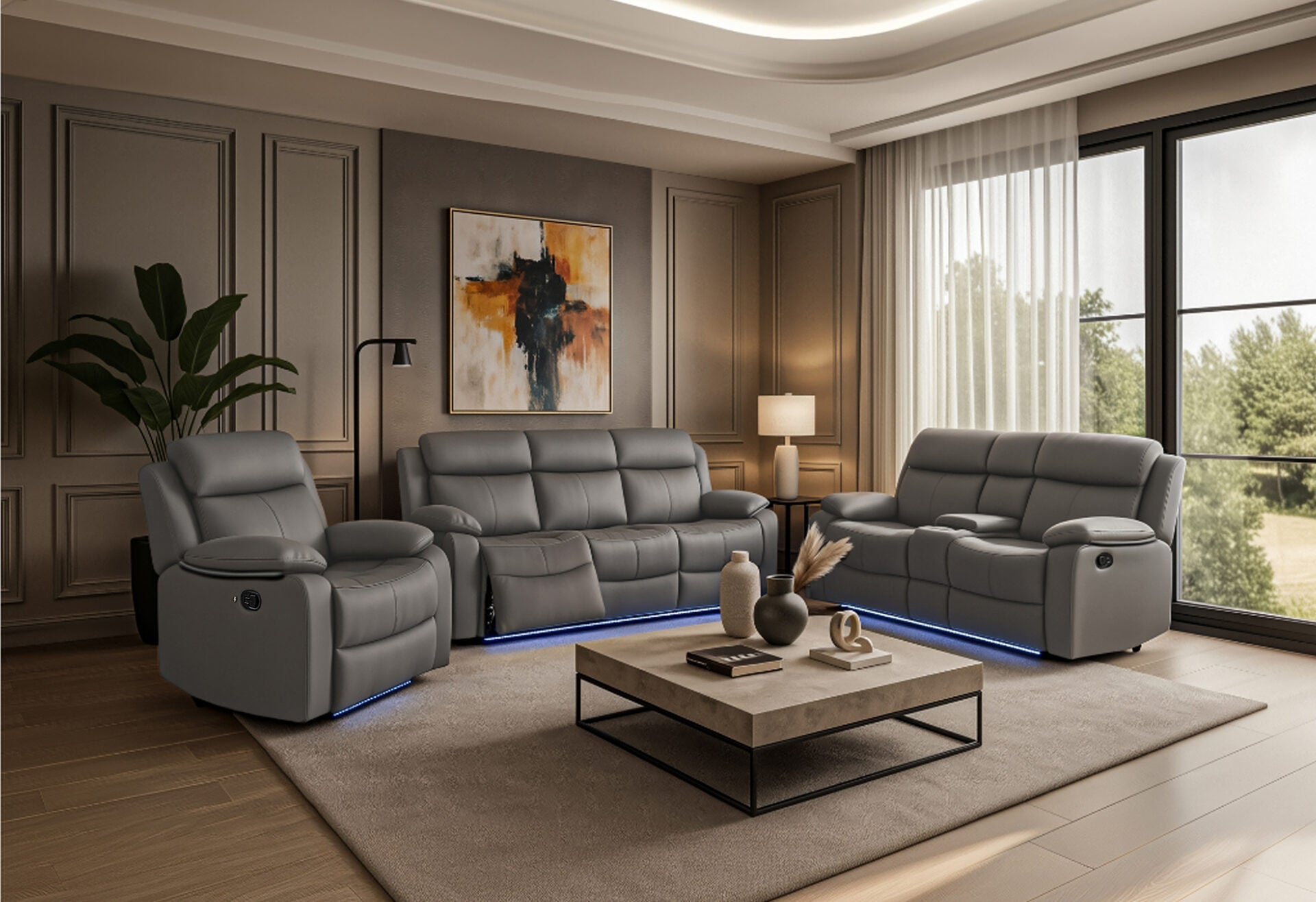 U6026 Grey Pu 46A Rec Sofa/Console Rec Loveseat With Speaker