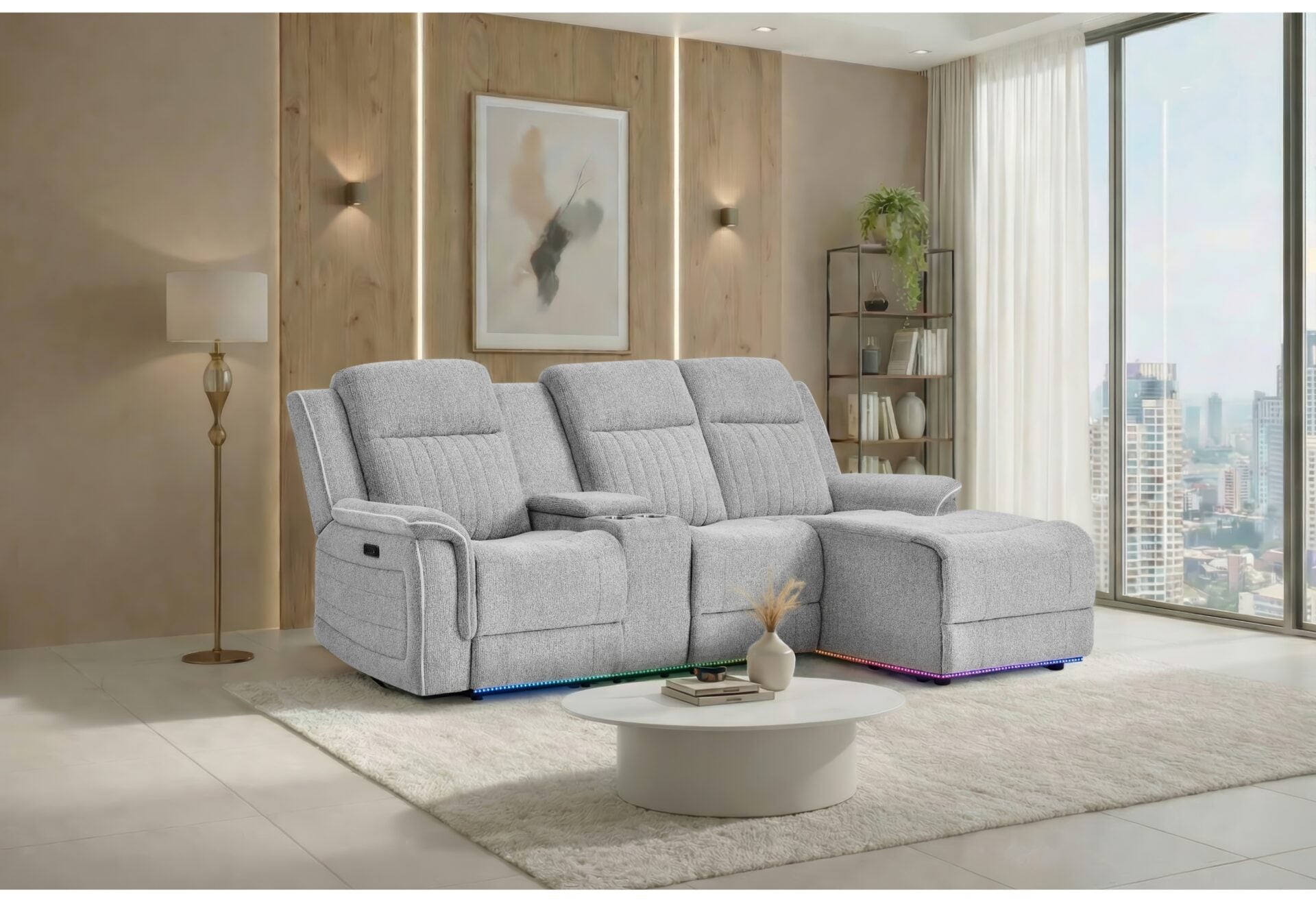 U8879 Grey 1 Power Pushback Sectional With LED And Global Ss Spkr