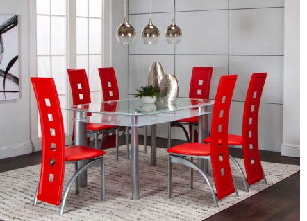 Valencia Glass Table with 4 Red chairs