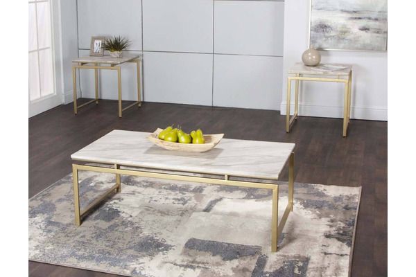 White Faux Marble Occasional Tops Gold Powder coated 3 PCS Set