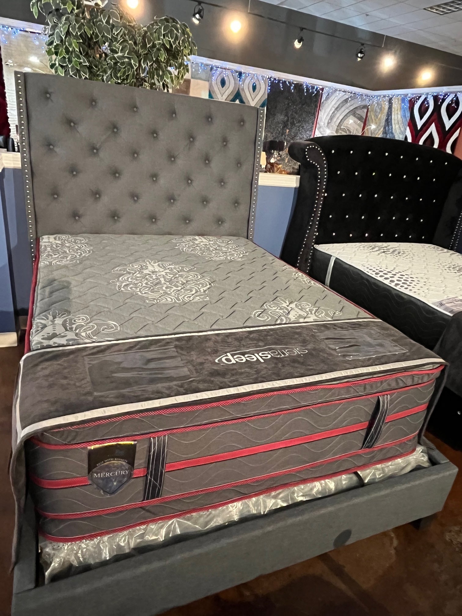 GREY QUEEN BED WITH MATTRESS & BOX SPRING