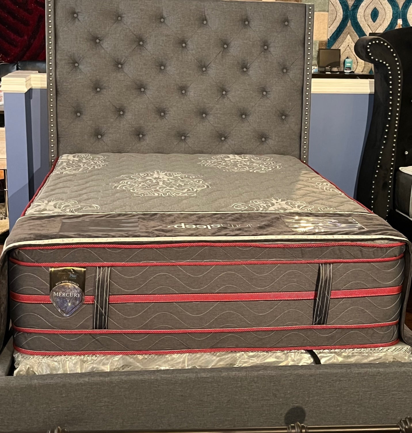 GREY QUEEN BED WITH MATTRESS & BOX SPRING