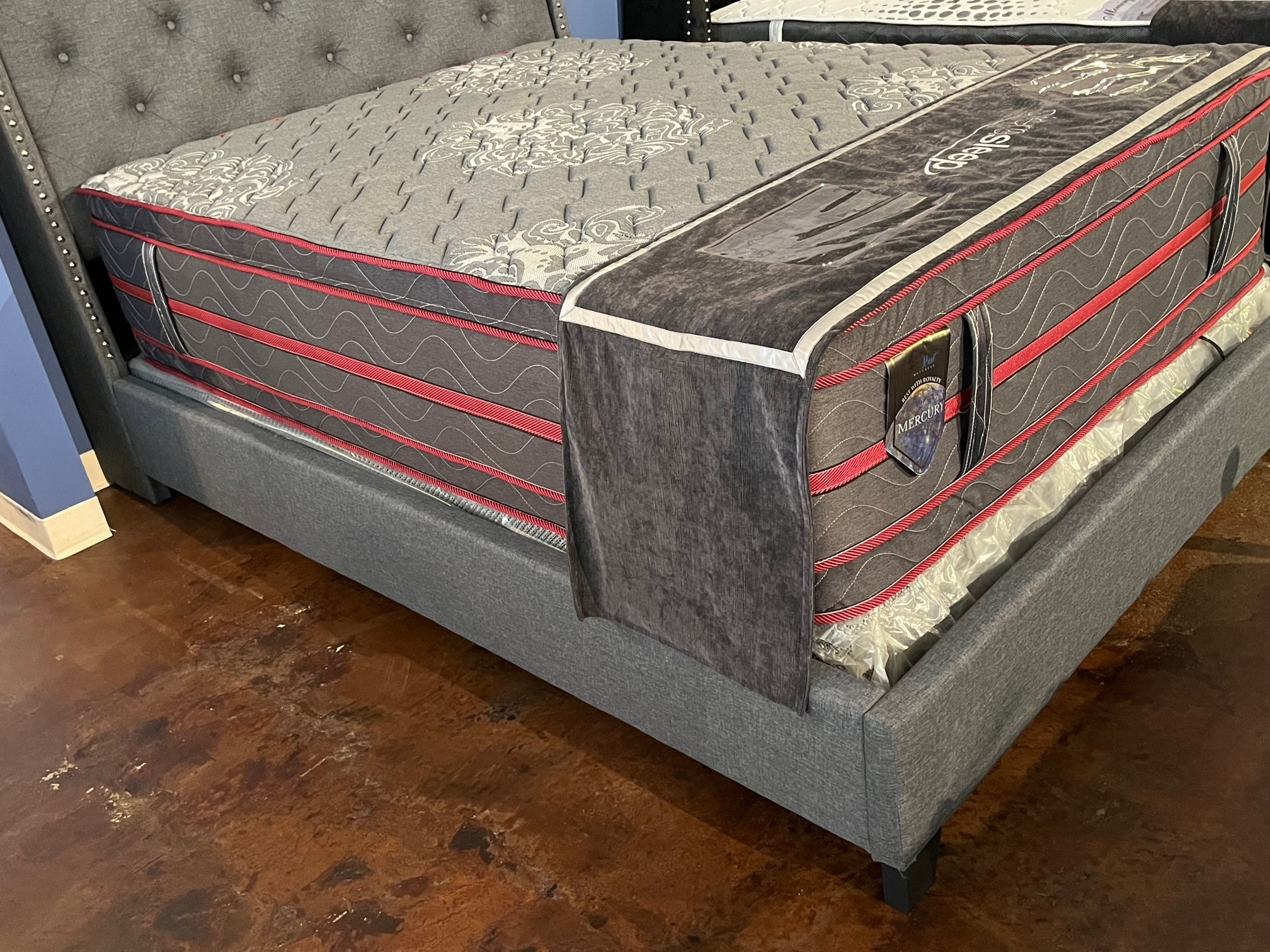 GREY QUEEN BED WITH MATTRESS & BOX SPRING