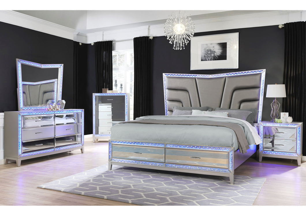 Luxury Brilliant Silver | Queen Bedroom Set | Led Light Mirror Trim